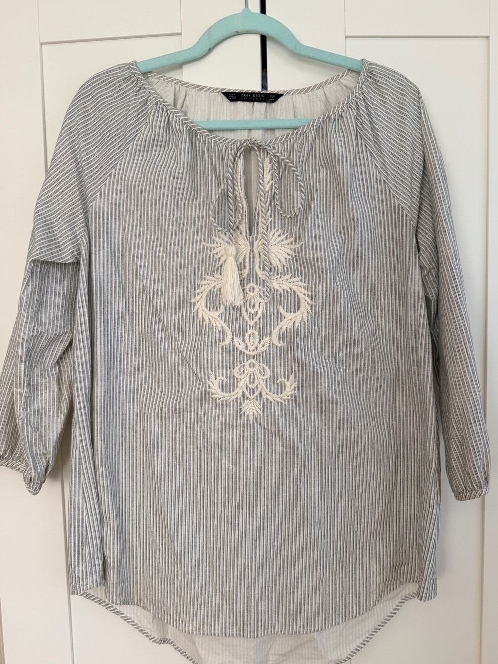 Zara Striped Embroidered Peasant Top
